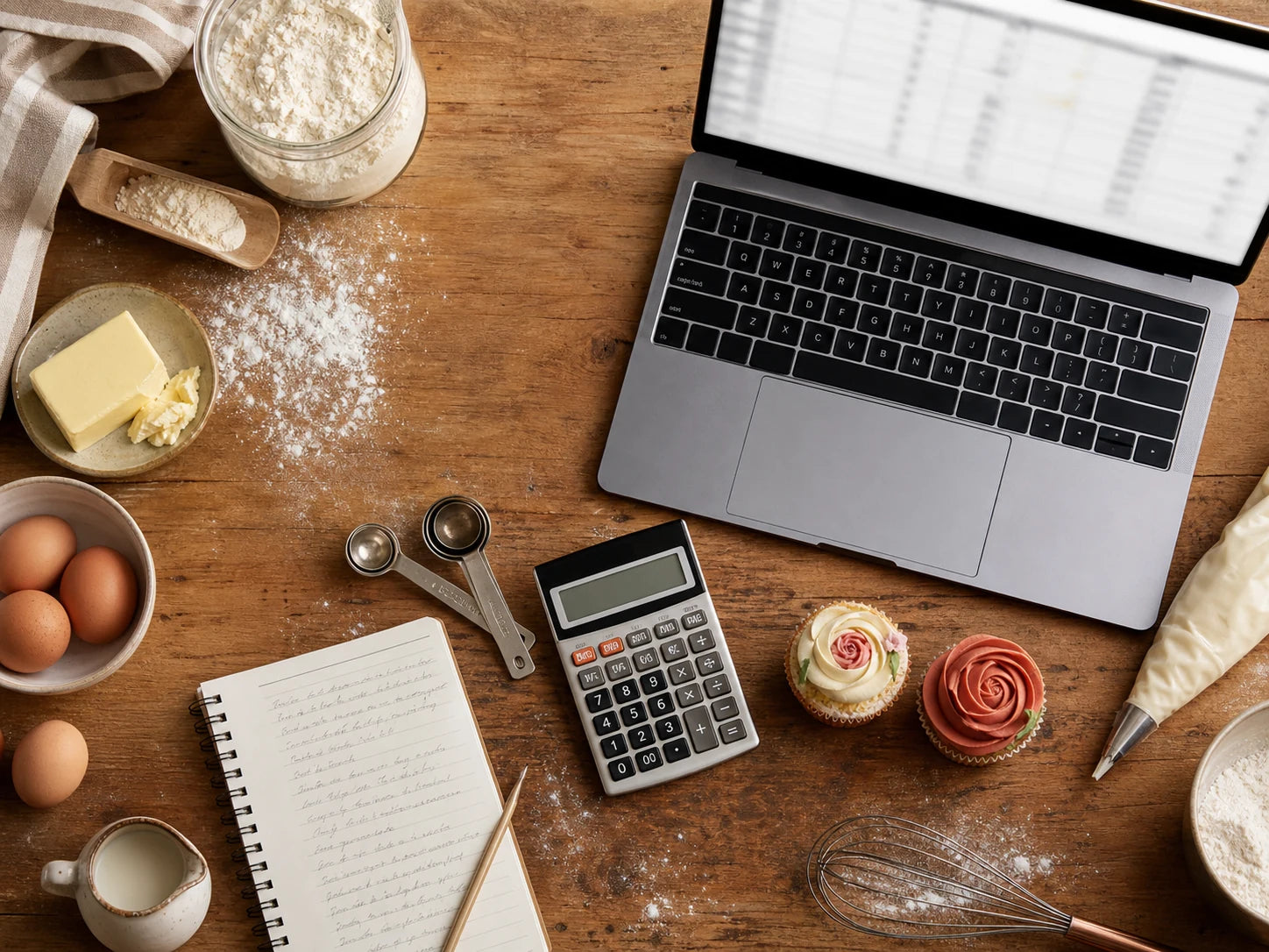 Laptop, calculator, baking ingredients and cupcakes arranged on a worktable