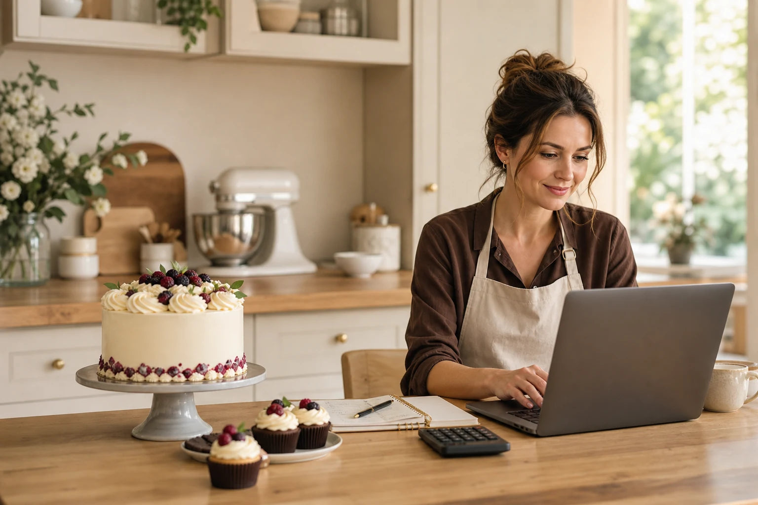 Home baker reviewing bakery costs on a laptop beside a finished cake