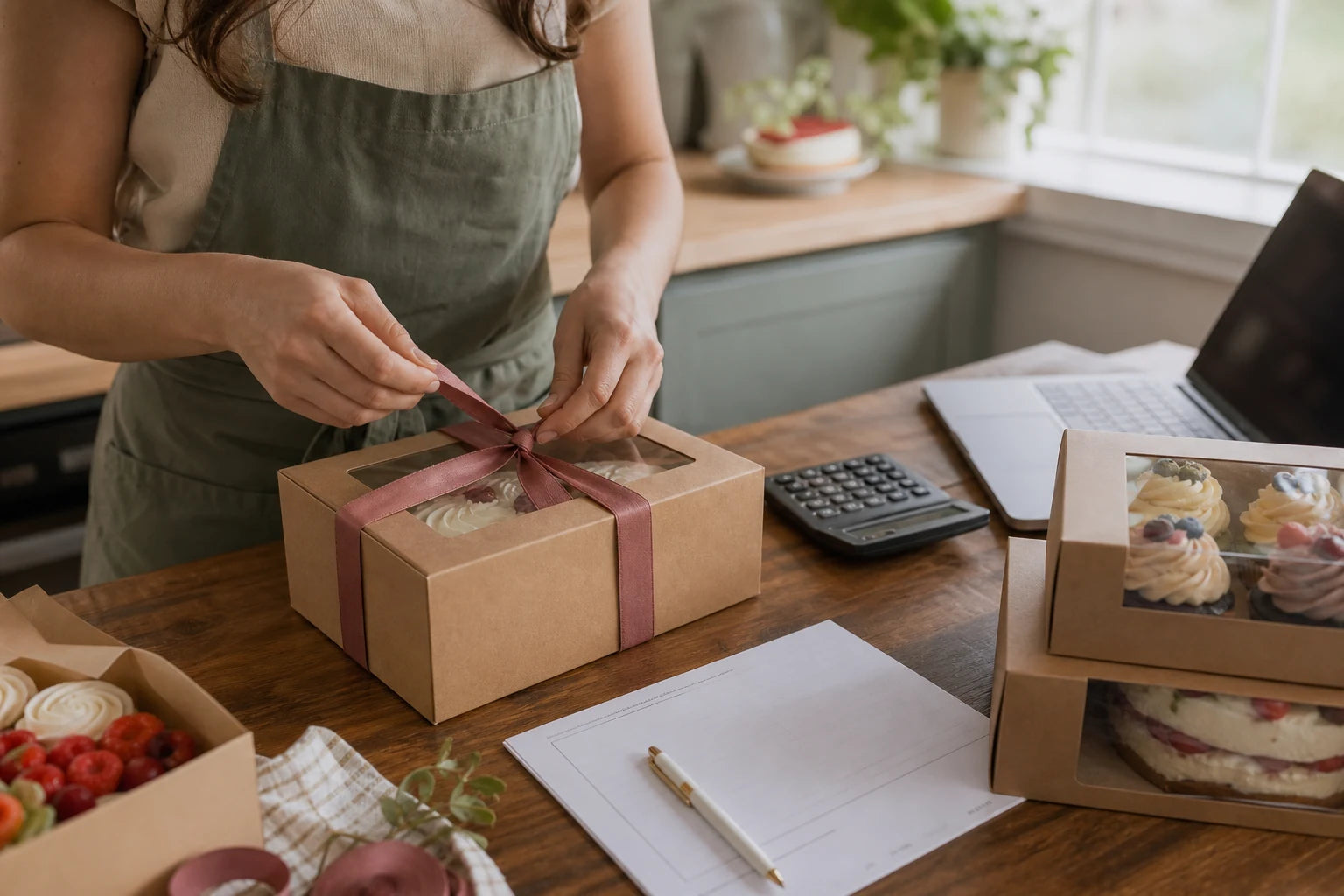 Home baker tying ribbon around finished cake boxes beside a laptop and calculator
