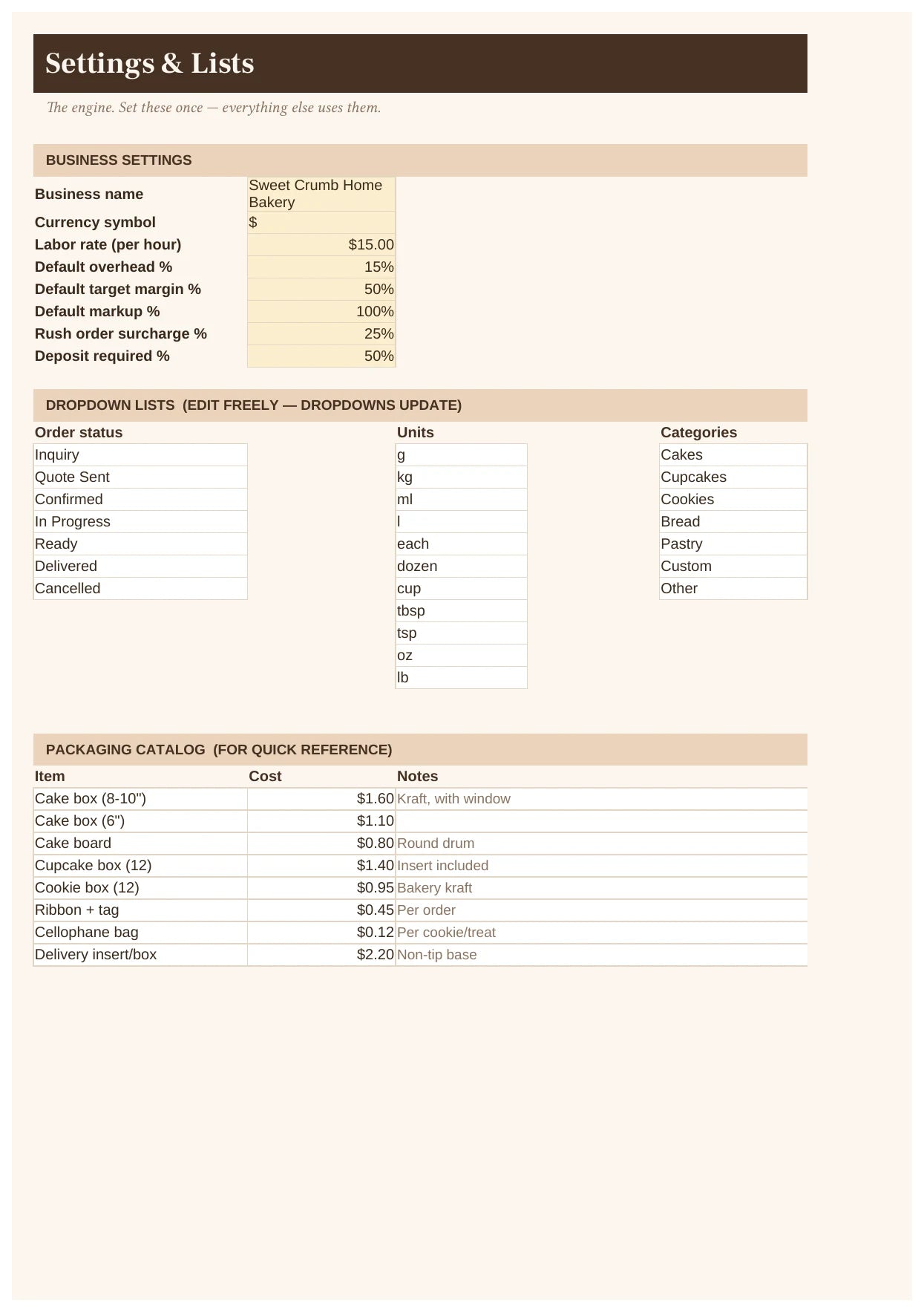 Business settings in the Home Bakery Pricing Calculator